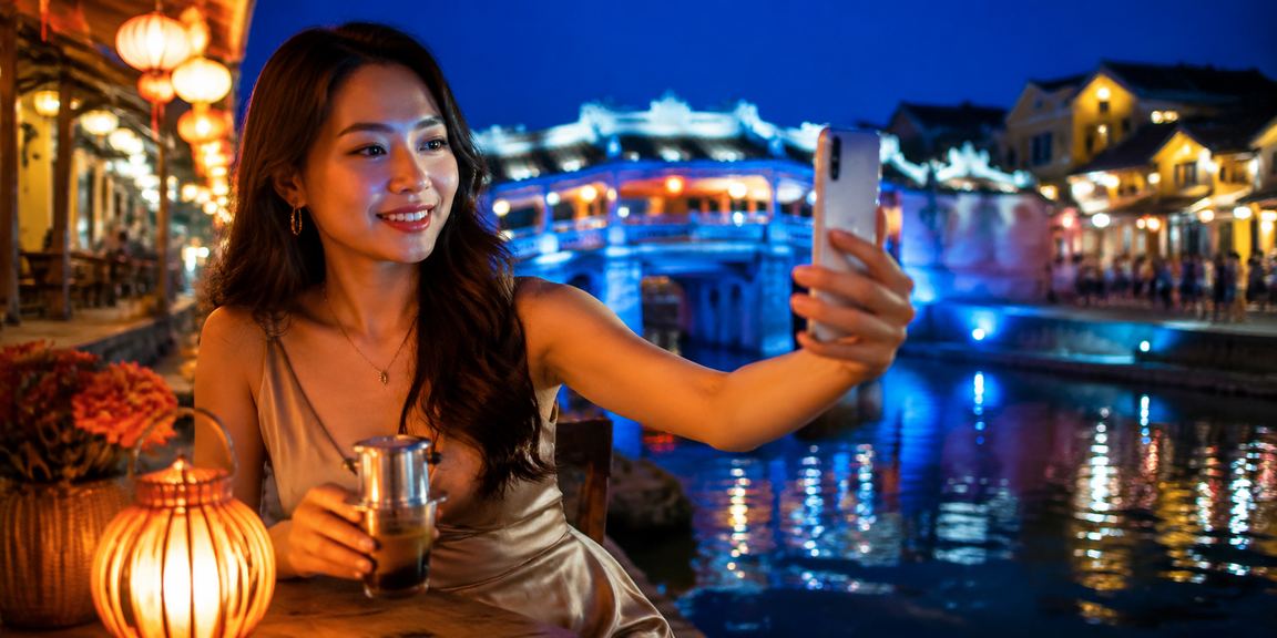 Người dùng Hội An kiểm tra đăng nhập mobile trong quán cà phê